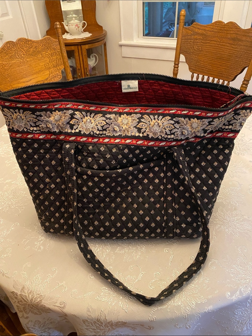 Vera Bradley Black Quilted Tote with Red Lining and Floral Trim